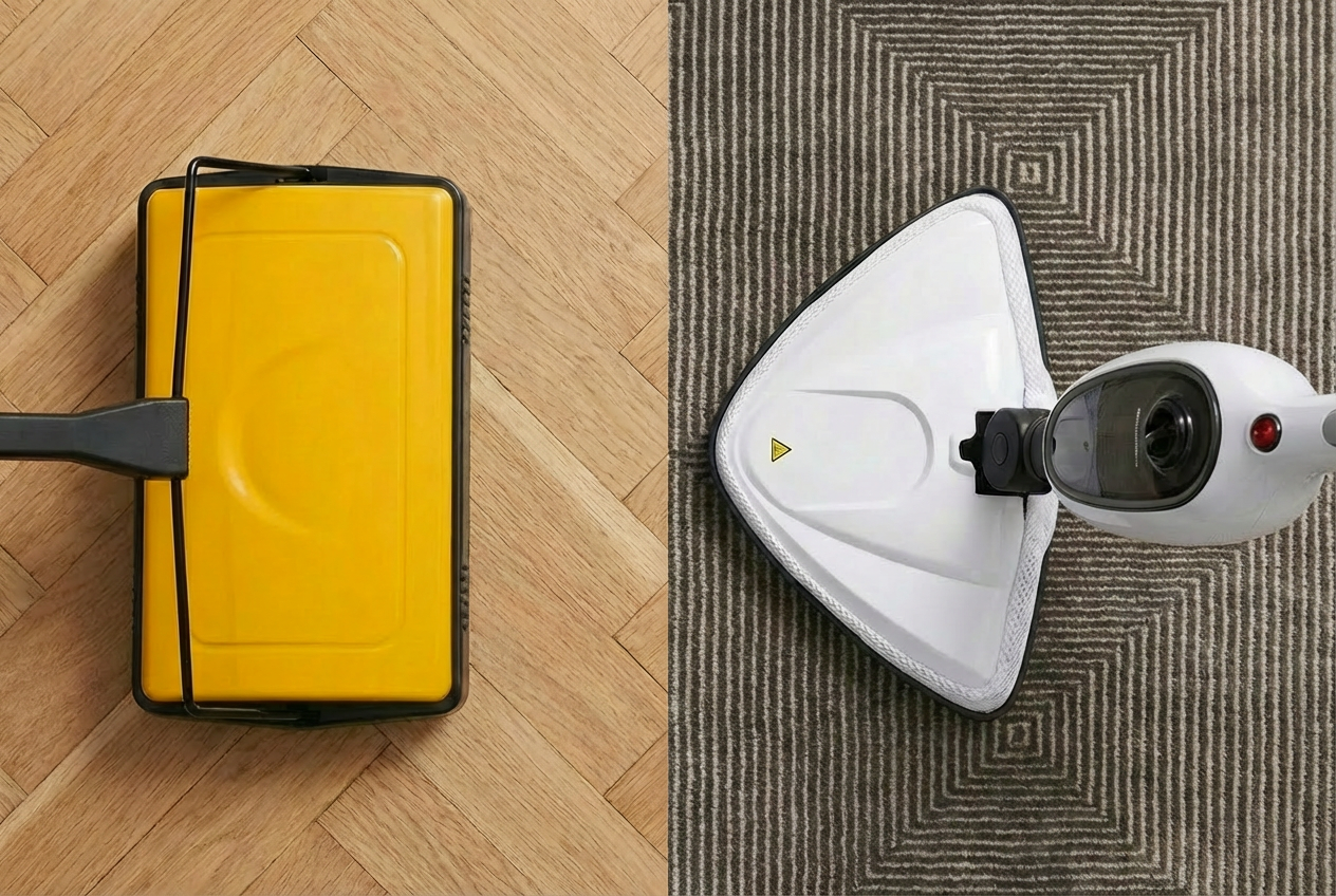 Sweeper on hard floor and vacuum on carpet side by side showing best use cases for each cleaning tool