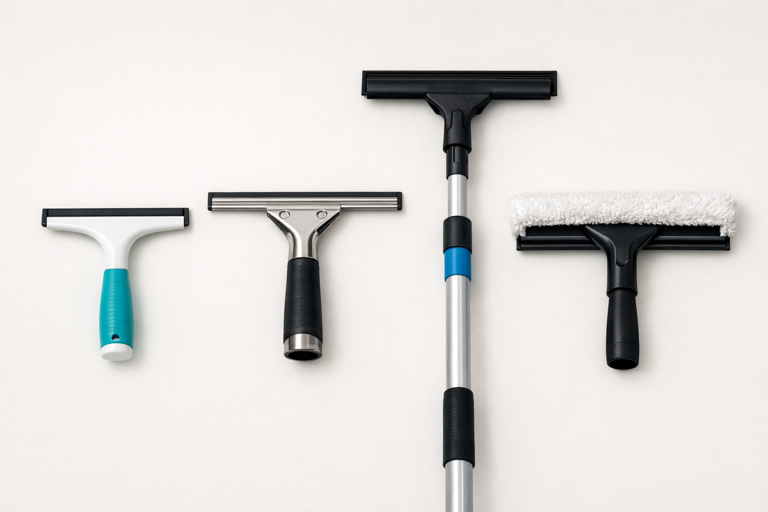 Four types of window squeegees side by side including standard handheld commercial extendable pole and combination scrubber squeegee