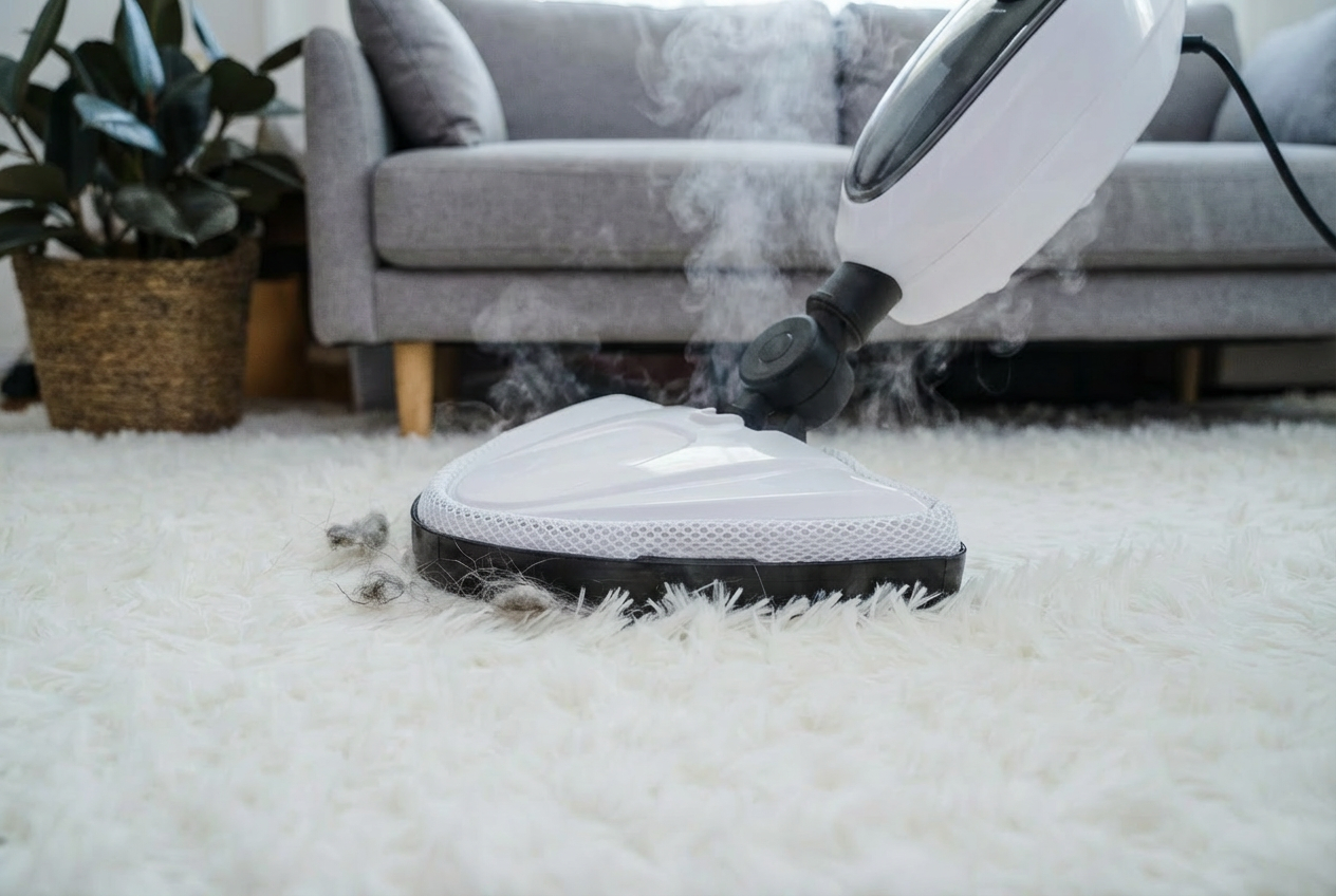 Vacuum cleaner deep cleaning a carpet and removing embedded dirt allergens and pet hair