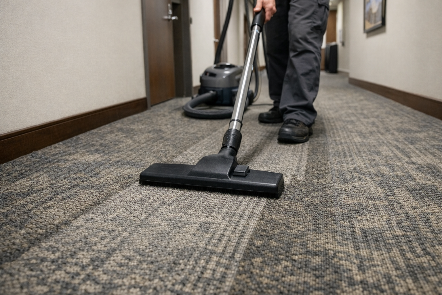 Vacuuming high-traffic commercial carpet thoroughly before deep cleaning to remove dry soil and grit