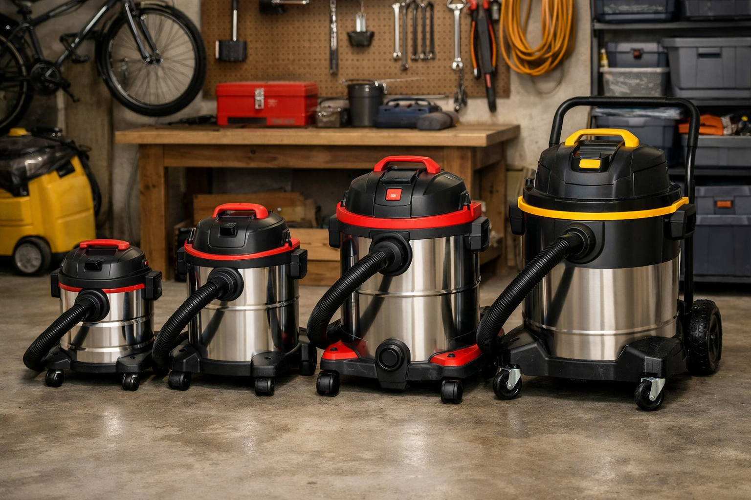 Wet dry vacuum capacity comparison from small 3 to 5 gallon units for cars to large 16 to 20 gallon models for industrial use