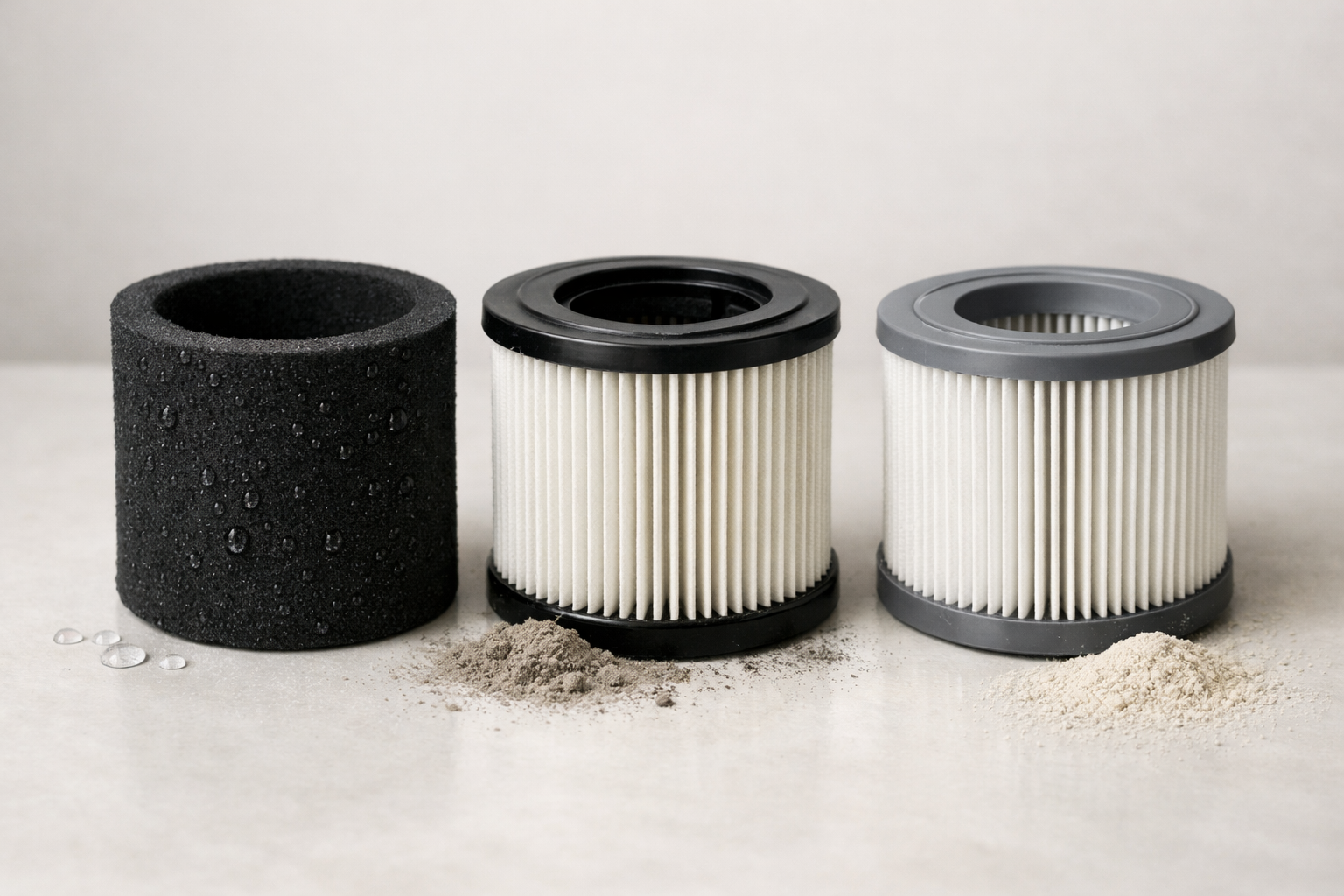 Wet dry vacuum filter comparison showing foam filter for liquids cartridge filter for dust and HEPA filter for fine particles and allergens