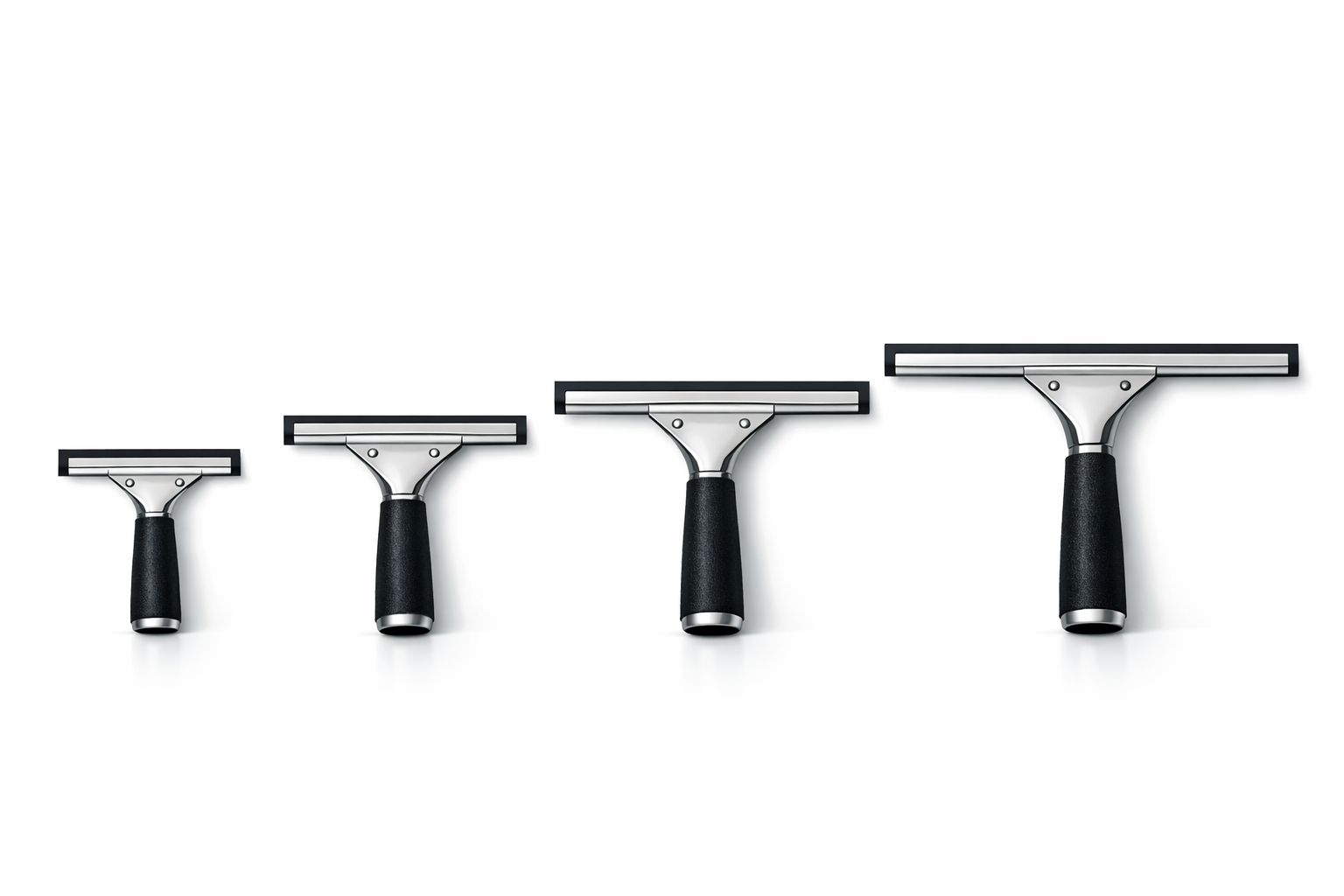 Window squeegee size comparison from small 6 inch for mirrors to wide 18 to 22 inch for large glass and storefront windows