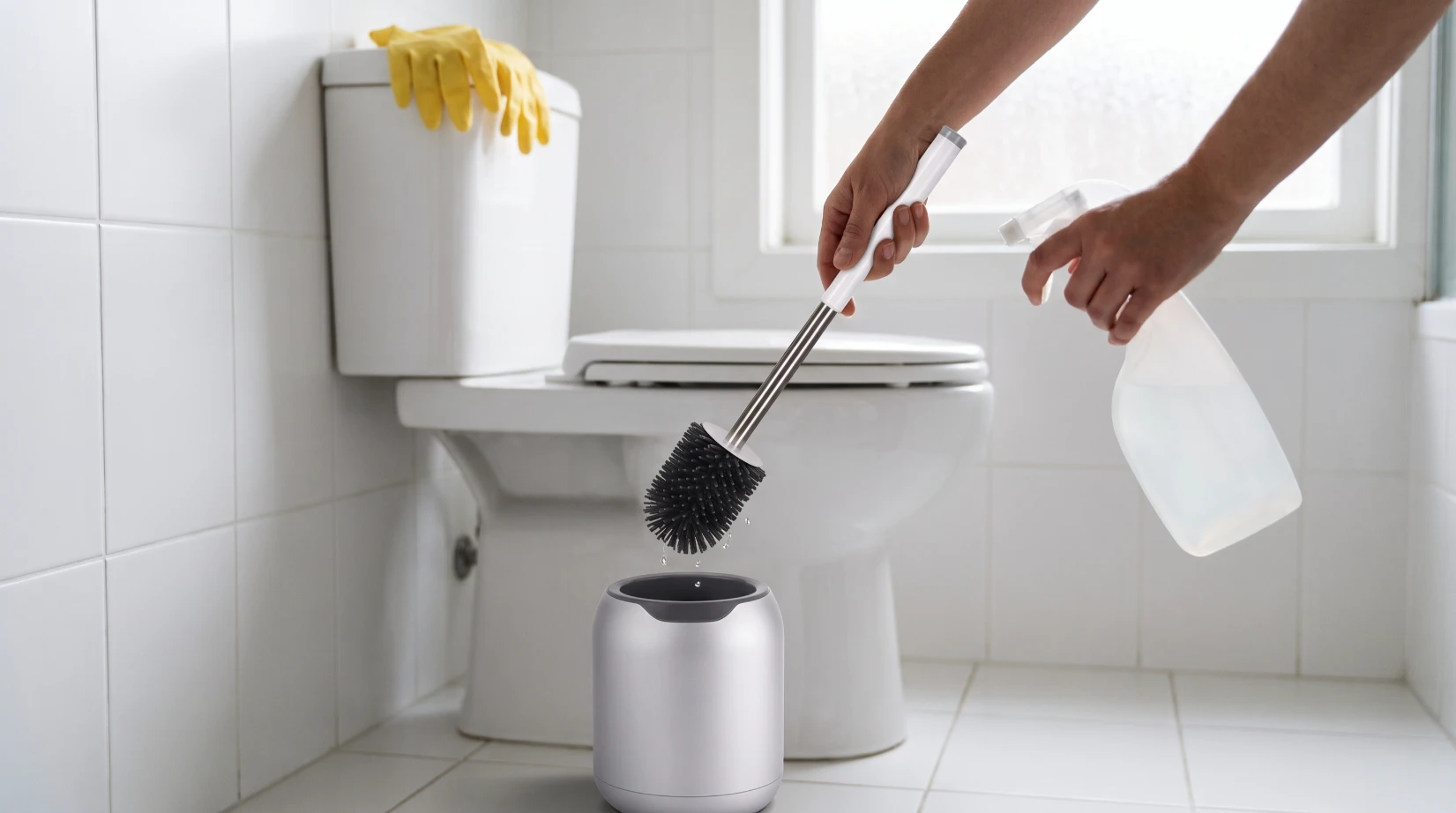 Cepillo de baño y soporte ventilado junto al inodoro antes de limpiarlo.