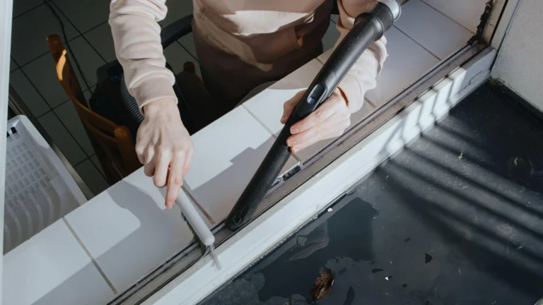 Narrow crevice cleaning brush working along a grout line between tiles