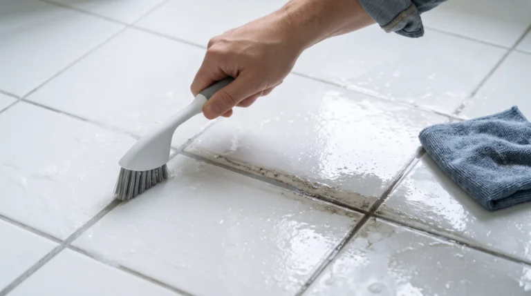 Narrow grout brush working along tile joints on a bathroom floor