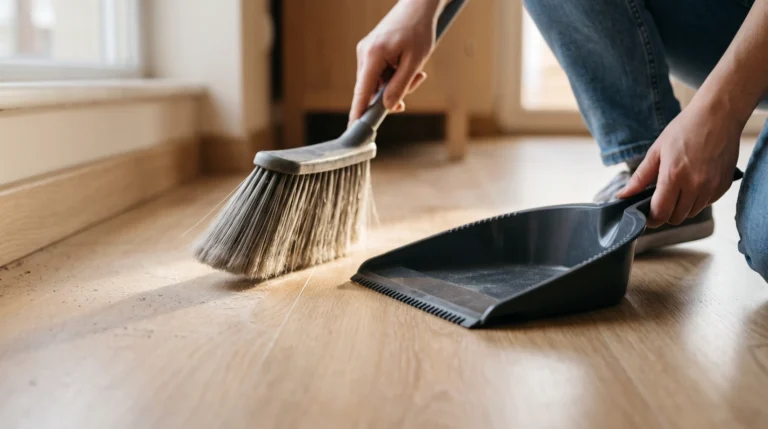 Broom and dustpan set positioned for sweeping a hard floor