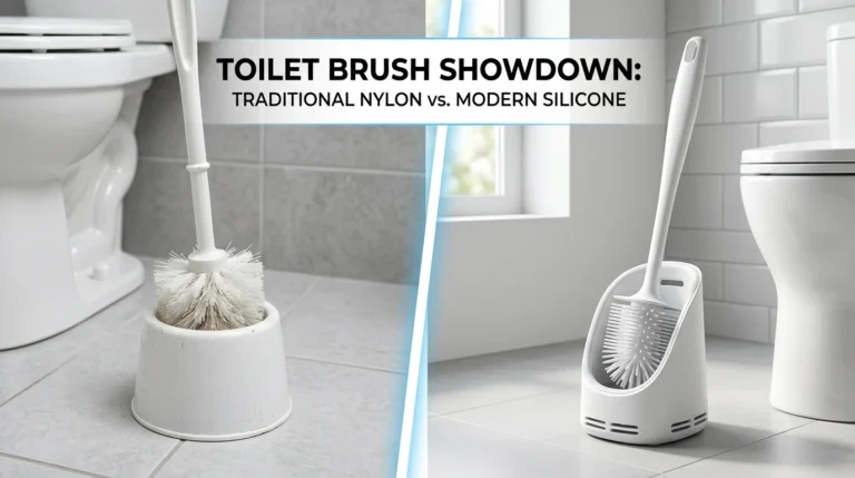 Silicone toilet brush in a ventilated holder next to a traditional bristle brush