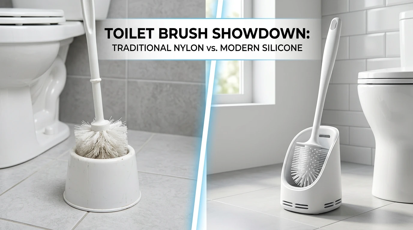 Silicone toilet brush in a ventilated holder next to a traditional bristle brush
