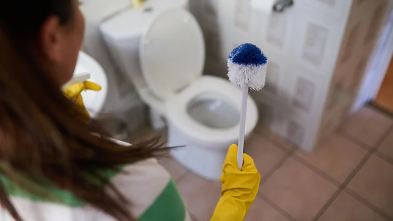 Silicone toilet brush resting in a ventilated hygienic holder beside a white toilet